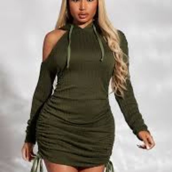 DARK OLIVE GREEN RUCHED DRESS - Picture 1 of 3